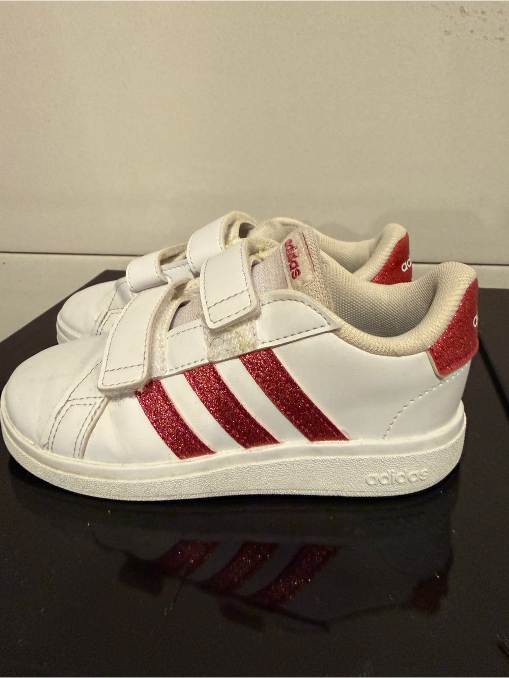 adidas Kids White Sneakers with Red Glitter Stripes